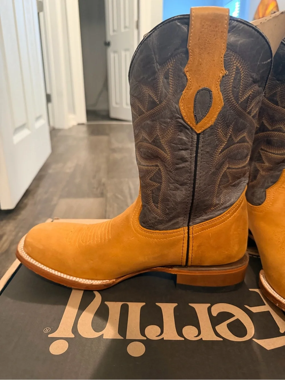 Ferrini Two-Tone Western Suede Boot in Tan and Dark Brown